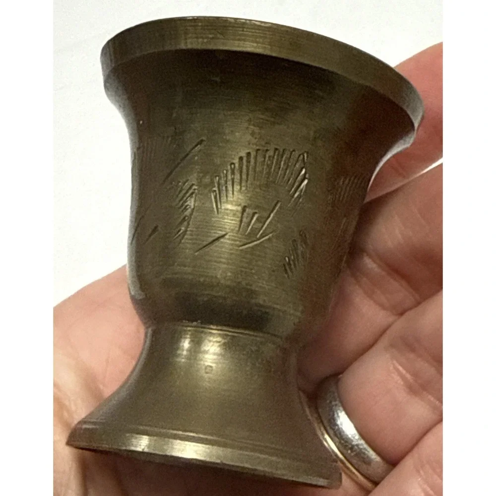 Vtg Etched Small Brass Cup/Apothecary Mortar/Ceremonial Chalice-India-2 1/8